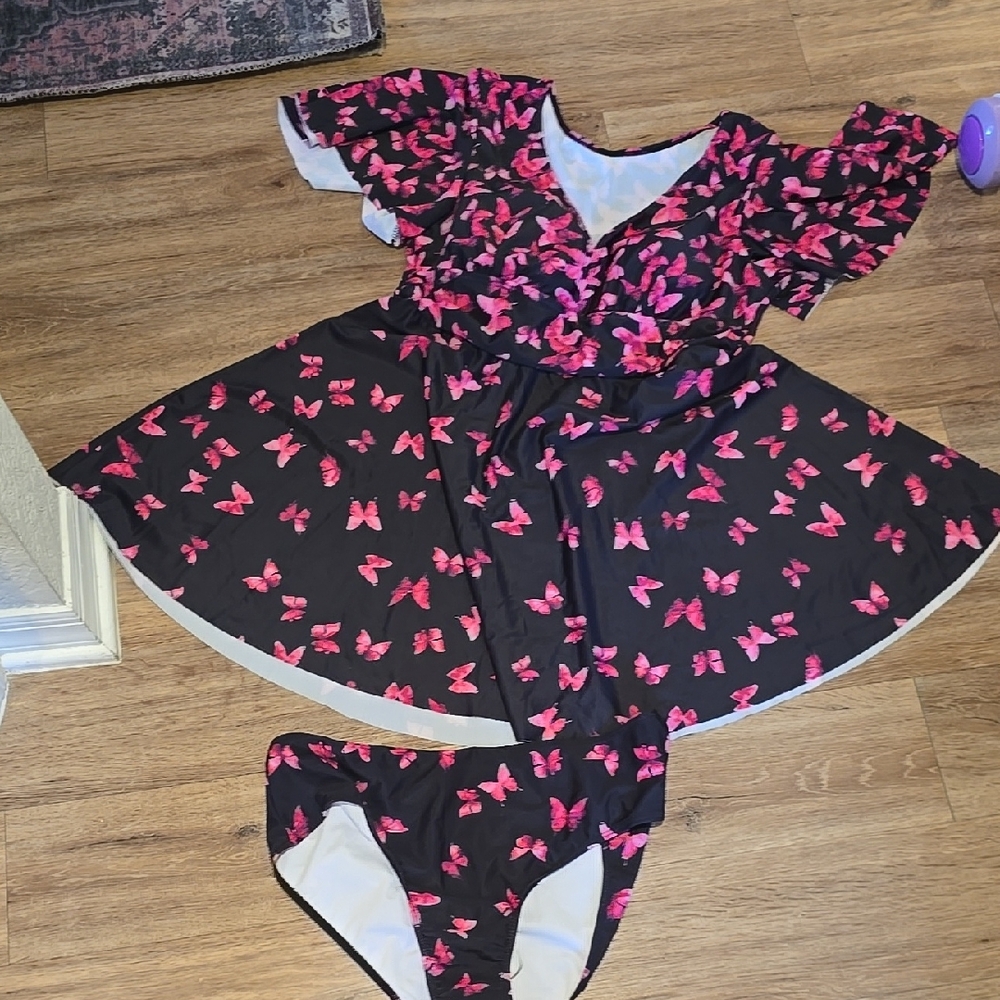 Black and Pink Butterfly SwimDress with Matching Bottoms